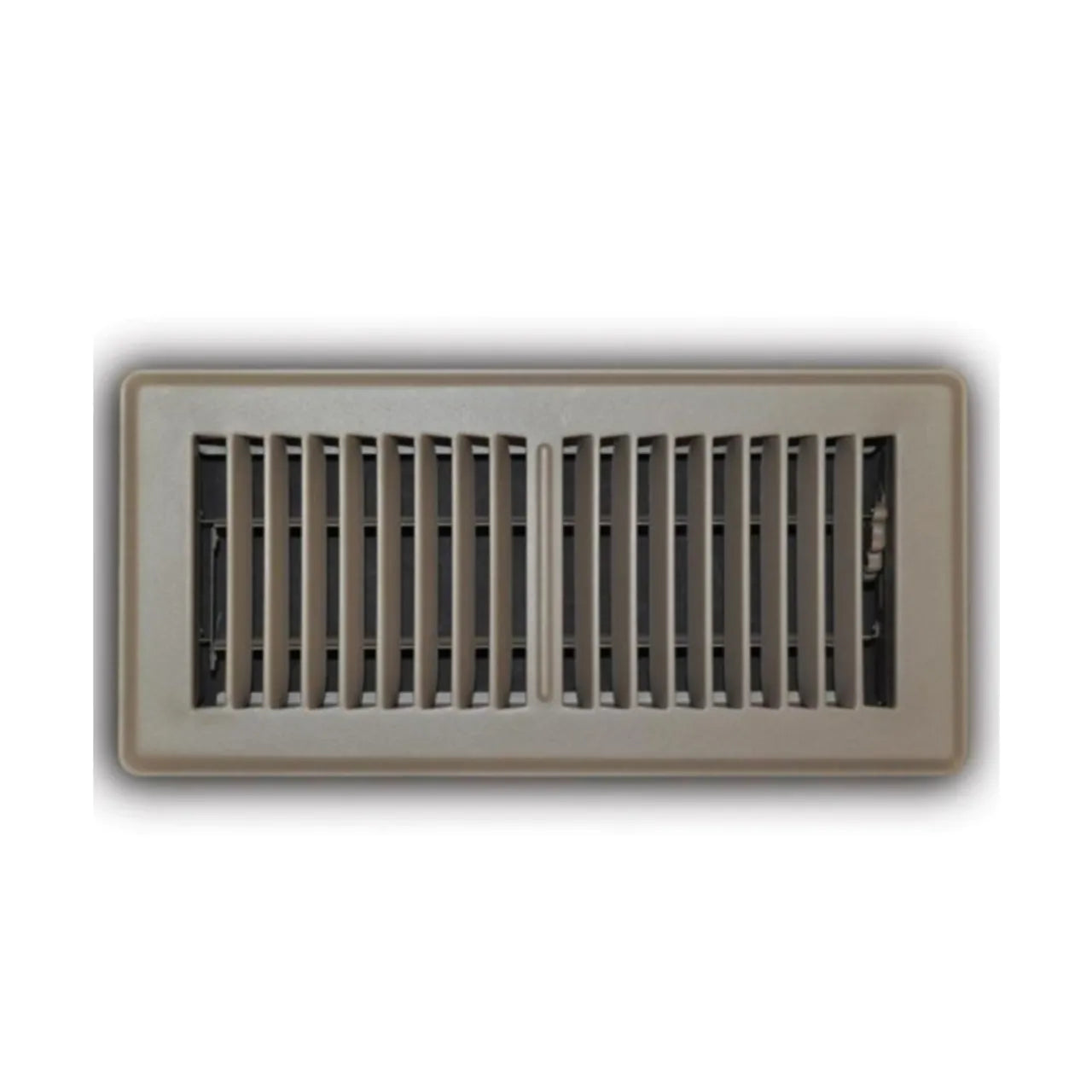 The Go Build 4 in. x 10 in. 2-Way Steel Floor Register in brown features vertical slats, a durable powdercoated finish, and is shown against a white background.